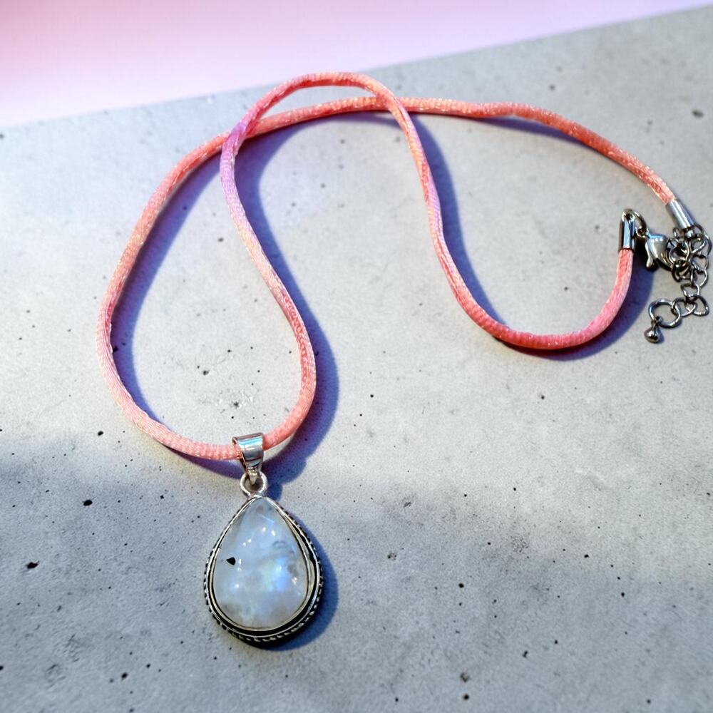 Rainbow Moonstone Sterling Silver Plated Silk Cord Necklace